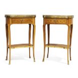 A pair of French inlaid kingwood bedside tables, First quarter 20th century, With brass galleried...