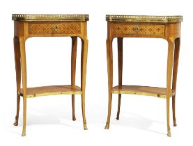 A pair of French inlaid kingwood bedside tables, First quarter 20th century, With brass galleried...