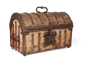 A Spanish iron-mounted crimson velvet wood domed casket, 15th century, Bound with straps terminat...