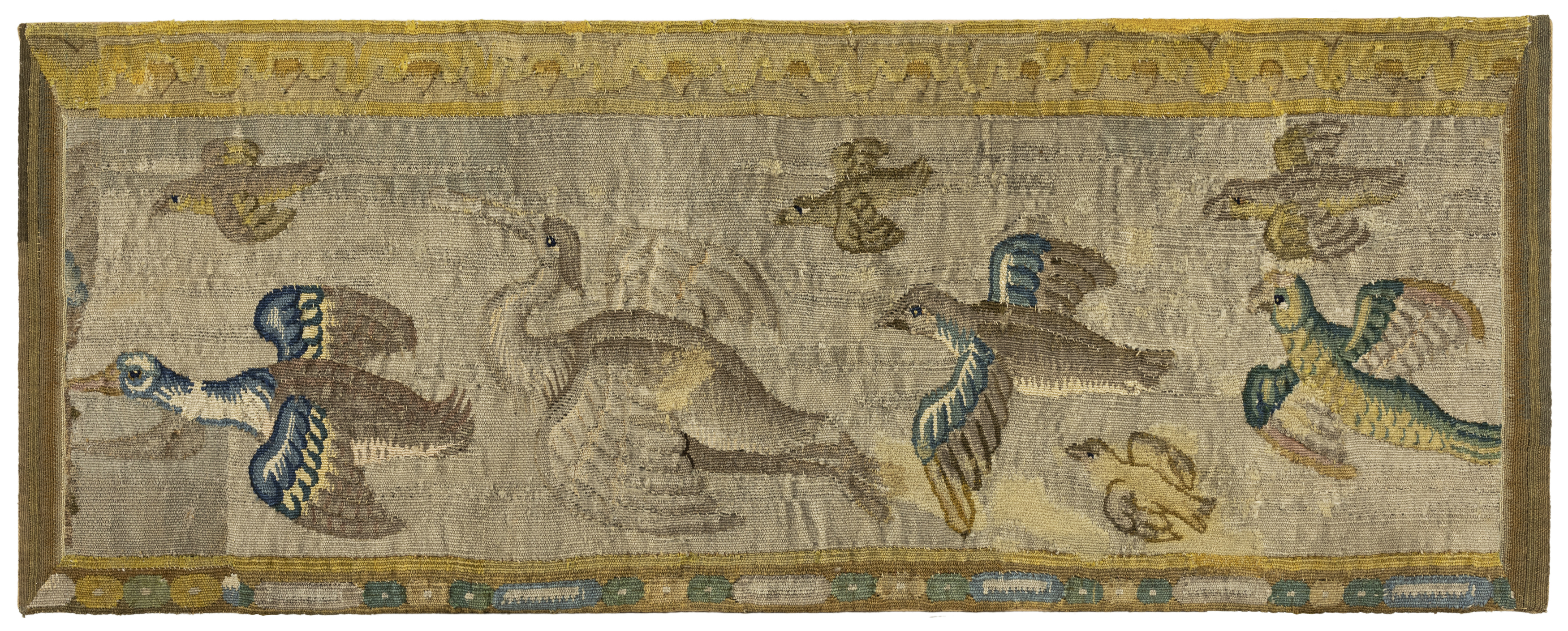 Three Flemish tapestry border fragments, 17th century, Woven in wools and silks, depicting flying... - Image 3 of 4