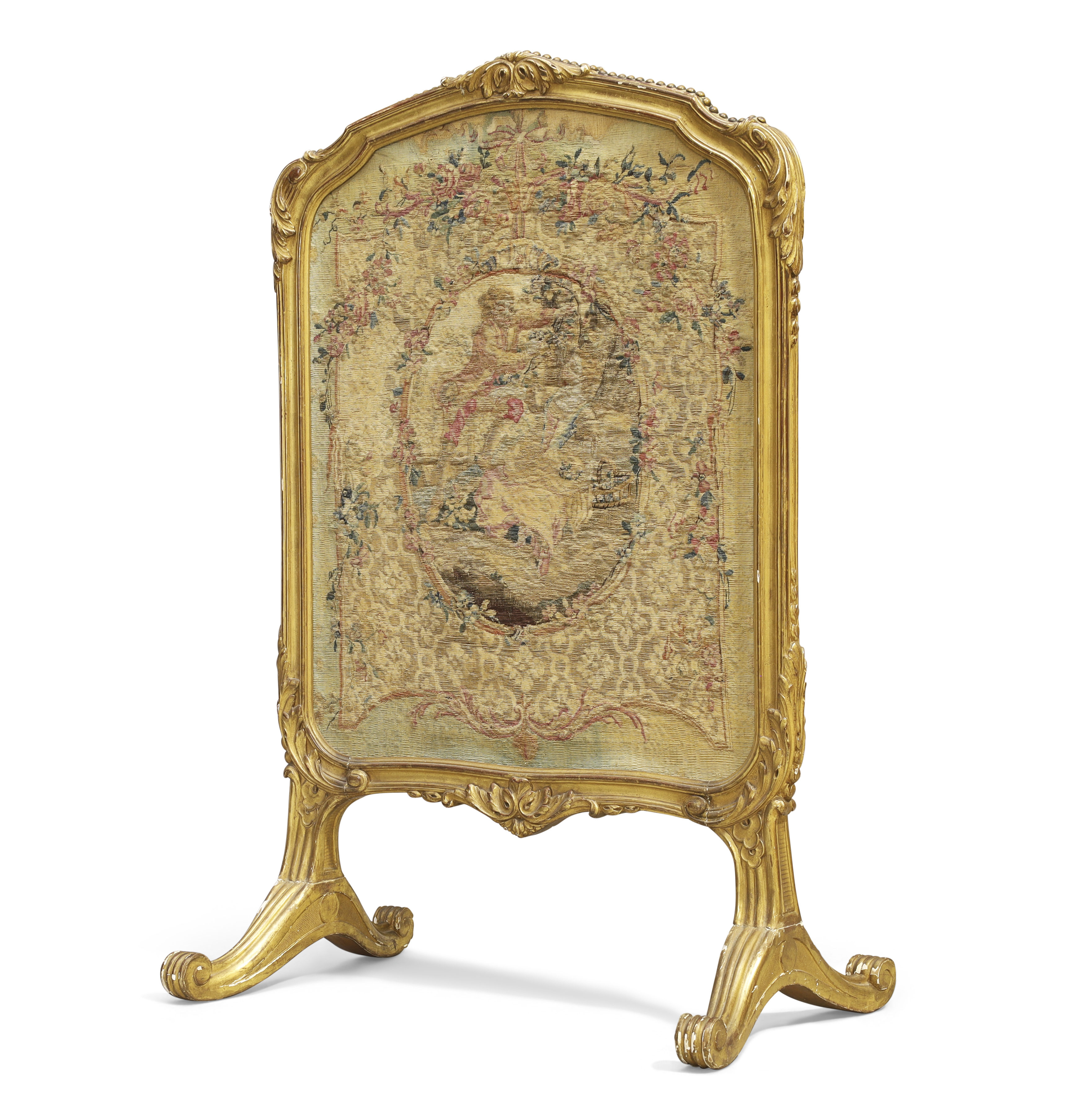 A French giltwood firescreen,  Early 20th century,  Inset with an 18th century Aubusson tapestry ... - Image 2 of 4