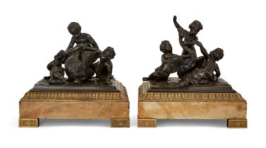 A pair of French bronze figural groups of children taunting a swan, In the manner of Clodion, lat...