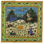 A polychrome pottery tile panel depicting a hunt, Iran, 20th century, Depicting two hunters stalk...