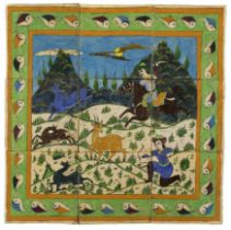 A polychrome pottery tile panel depicting a hunt, Iran, 20th century, Depicting two hunters stalk...