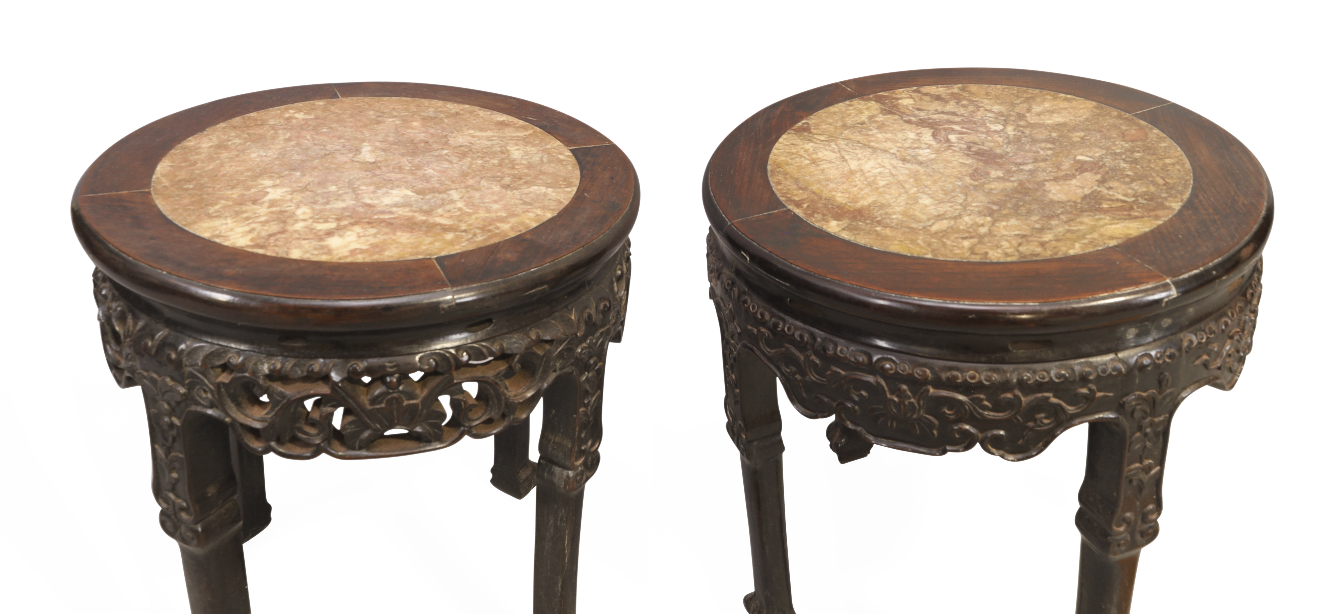 A pair of Chinese hongmu circular stools, Qing dynasty, 19th century, The circular marble inset t... - Image 2 of 4