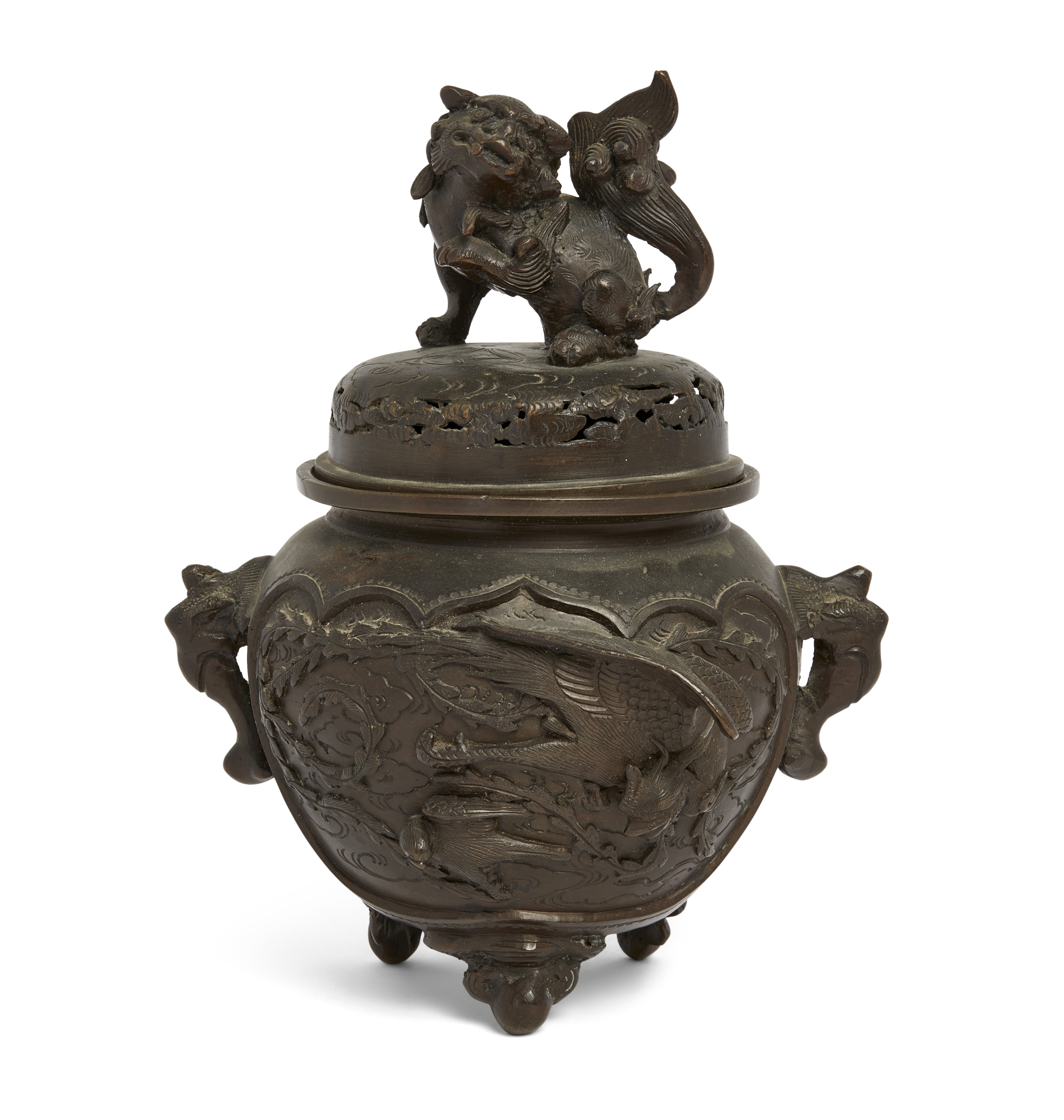 A Japanese bronze globular incense burner and cover, Meiji period, Standing on three short bracke...