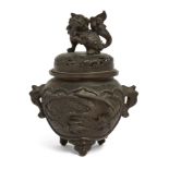 A Japanese bronze globular incense burner and cover, Meiji period, Standing on three short bracke...