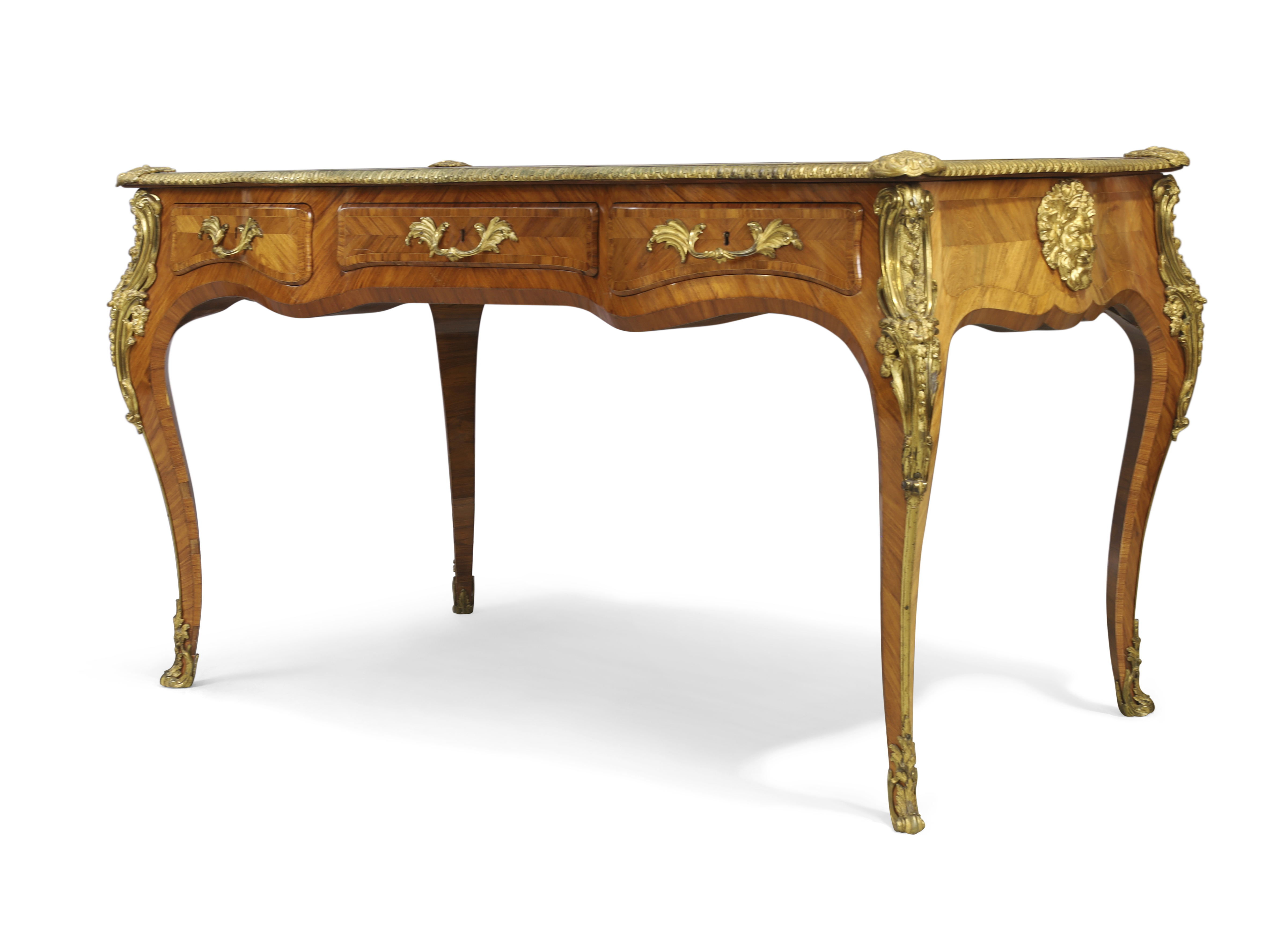 An English ormolu-mounted kingwood parquetry bureau plat, Of Louis XV style, last quarter 19th ce...