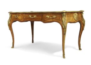 An English ormolu-mounted kingwood parquetry bureau plat, Of Louis XV style, last quarter 19th ce...