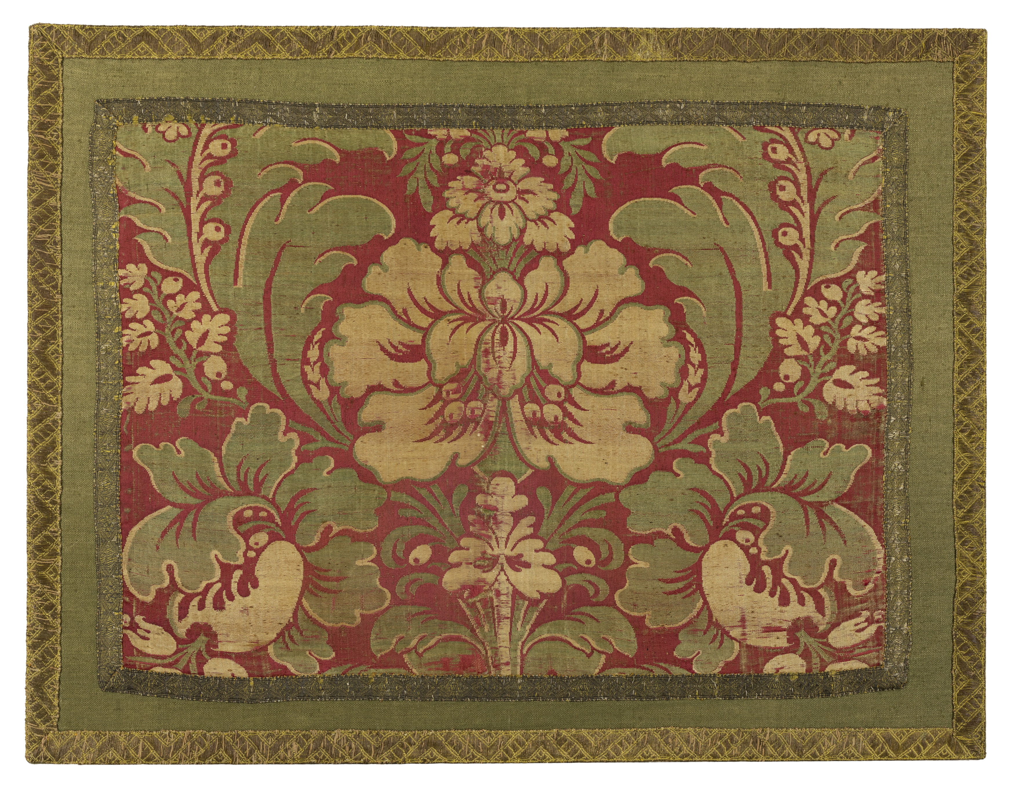 An Italian silk brocade panel,  18th century, With palmette flowers on a red ground, later mounte...