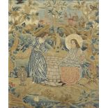 An English needlework panel, Early 18th century, Depicting Christ and the woman from Samaria at t...