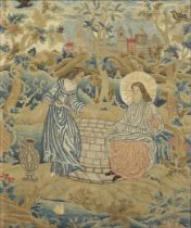 An English needlework panel, Early 18th century, Depicting Christ and the woman from Samaria at t...