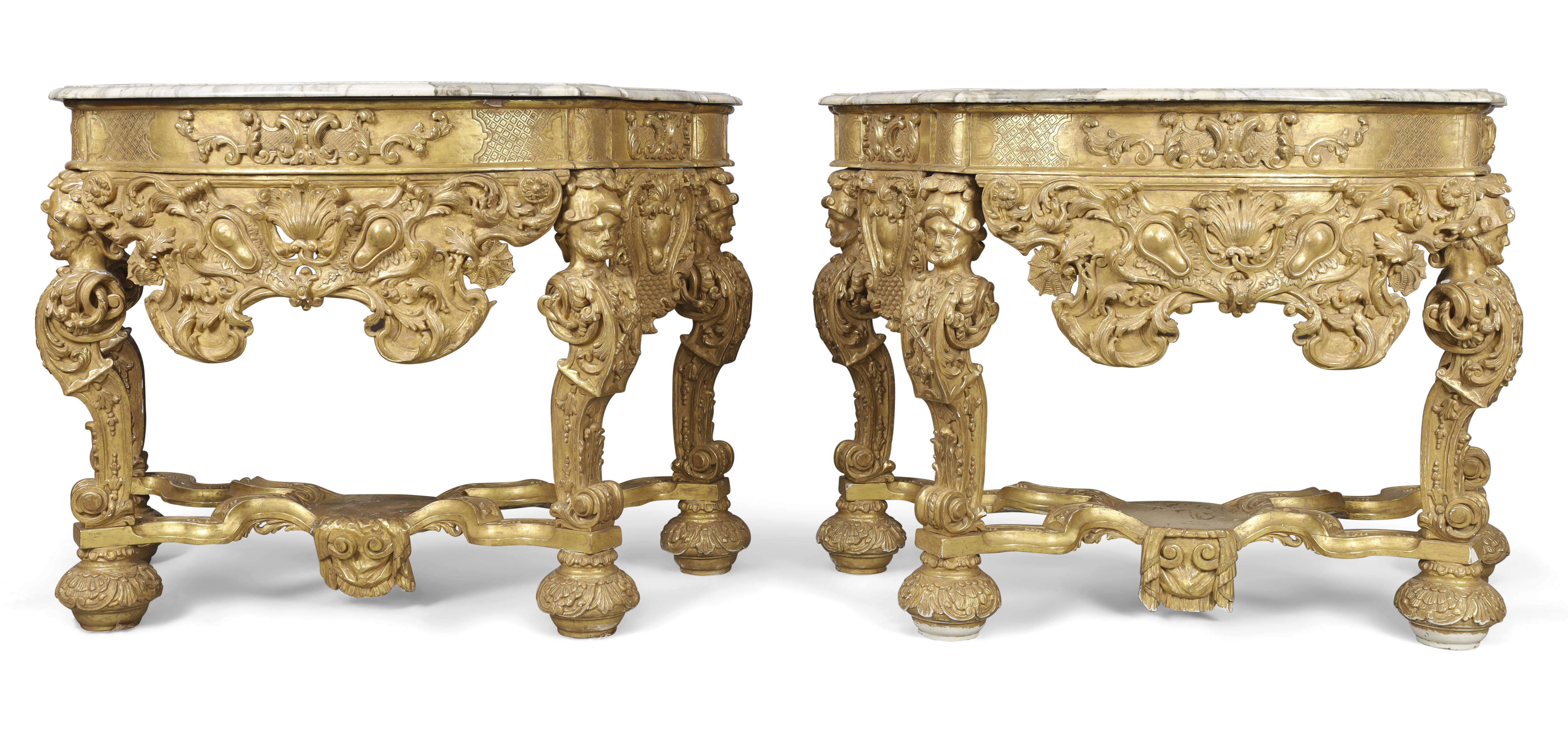 A pair of Dutch giltwood console tables, In the Manner of Daniel Marot, first quarter 18th centur...