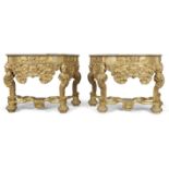 A pair of Dutch giltwood console tables, In the Manner of Daniel Marot, first quarter 18th centur...