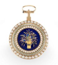 Guex, Paris, an enamel and pearl set open face pocket watch,  C.1790, Gilt full plate verge movem...