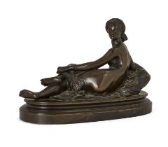 A French bronze model of a reclining female nude, In the manner of Jean-Jaques Pradier, late 19th...