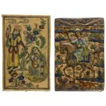 Two rectangular figural pottery tiles, Iran, 20th century, The first depicting a prince on horseb...