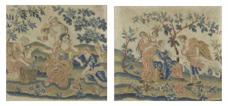 Two French needlework fragments, First half 18th century, Worked in wools and silks, one depictin...