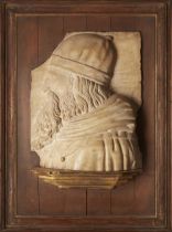 After Vincenzo Grandi, Italian, 1493-1577, an Italian marble portrait relief of Aristotle, 16th...