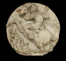 A North Italian marble relief of Marcus Curtius, First half 17th century, The figure wearing a he...