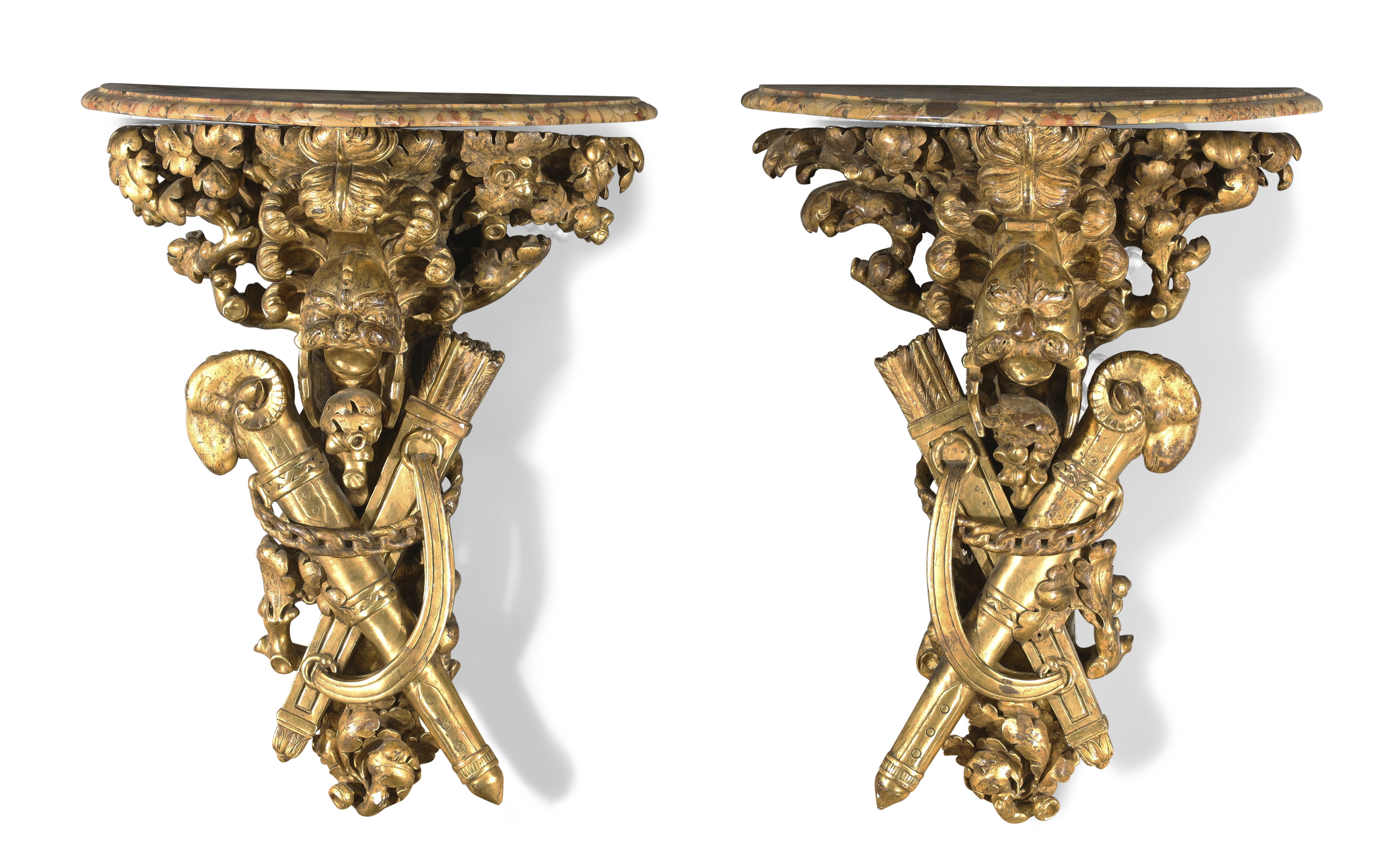 A pair of Louis XIV giltwood console tables, Last quarter 17th century, With shaped breccia marbl...