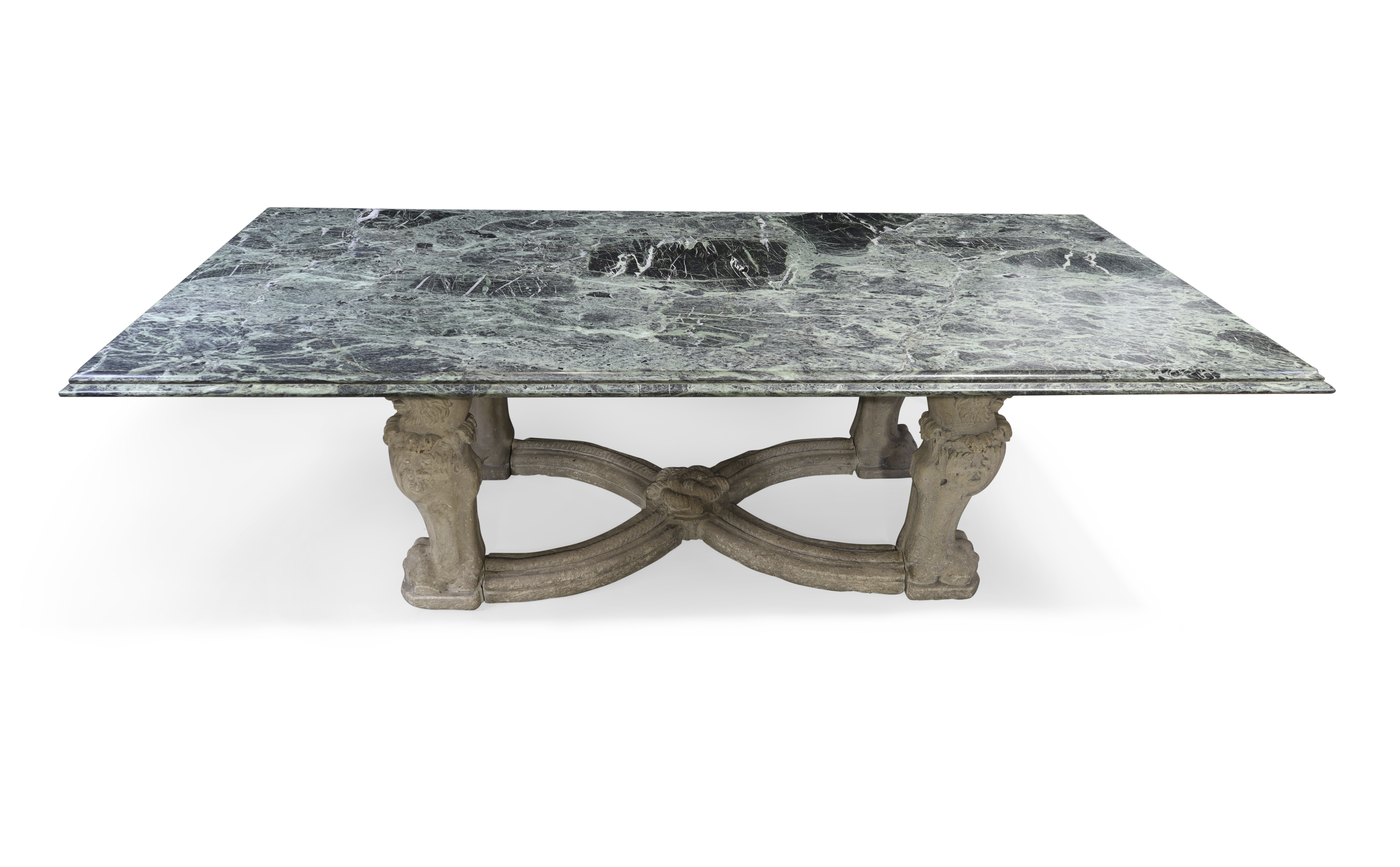 A French carved limestone table, Of 17th century style, 19th century, With lion monopodia united ... - Image 2 of 4