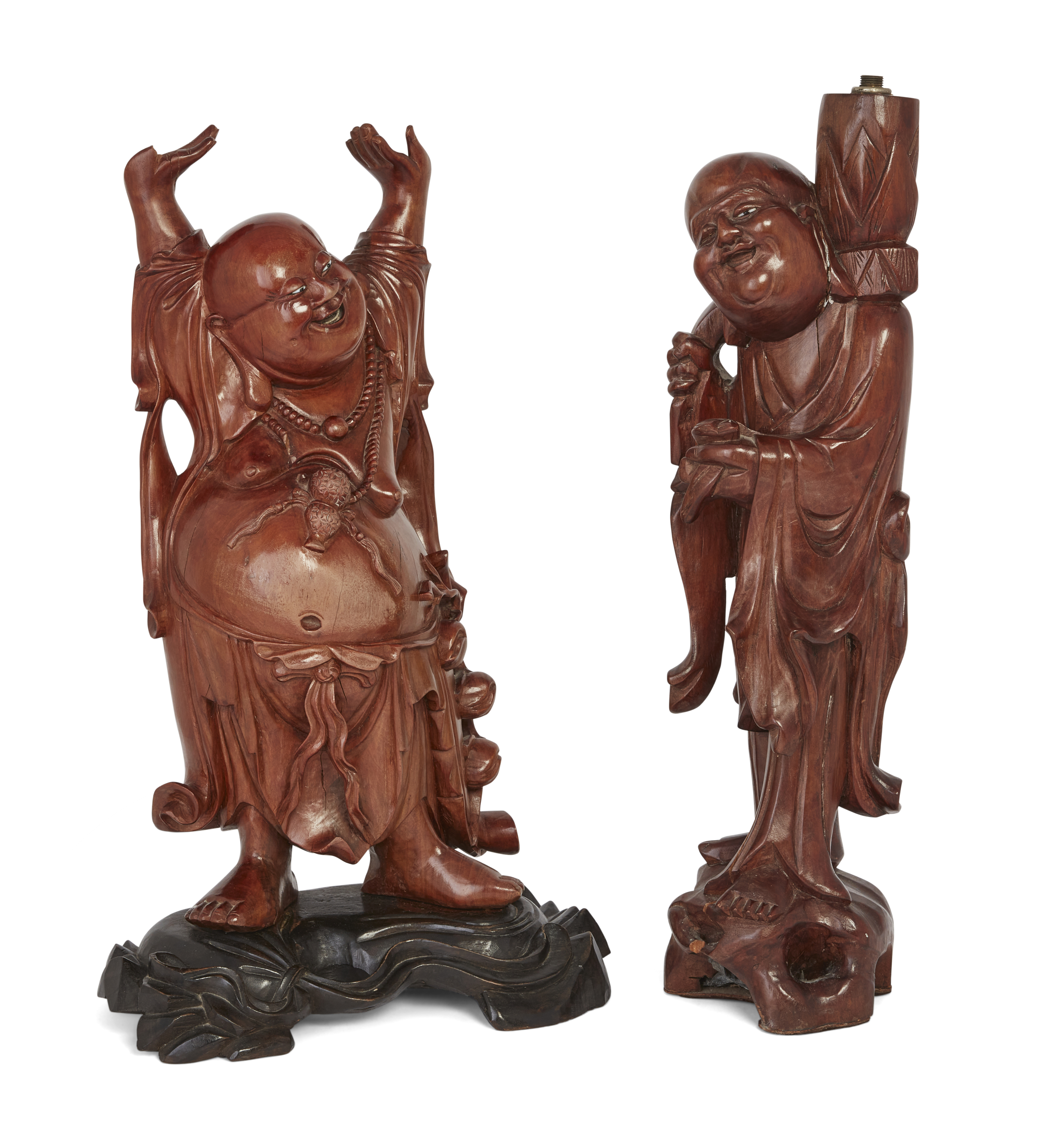 A Chinese hardwood carving of Hotei, a hardwood figural lamp, and a square jardinière stand, Qing...