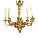 A French gilt-bronze eight-light chandelier, Of Regence style, early 20th century, The baluster s...