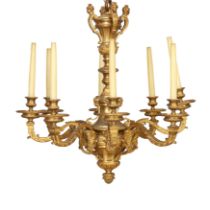 A French gilt-bronze eight-light chandelier, Of Regence style, early 20th century, The baluster s...