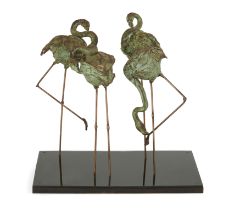 Katie Denton, MRSS, British, b.1954, A bronze study of four flamingos, On a Perspex and wood base...