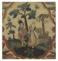 An English needlework fragment, 18th century, Worked in wools and silks, depicting a fish seller ...