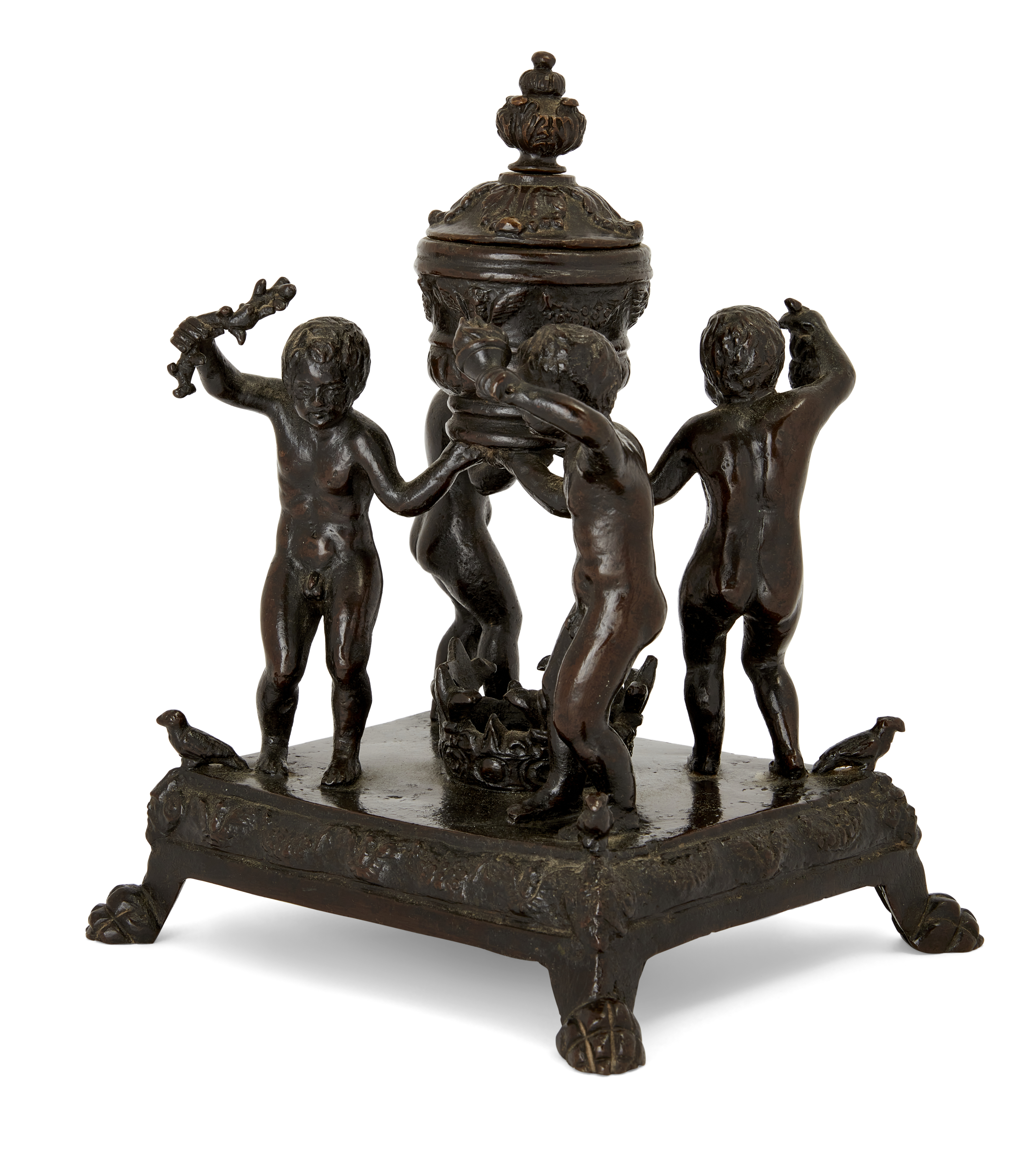 A Paduan bronze inkwell, 16th century, With four infants supporting a lidded vase, on a square se... - Image 2 of 3