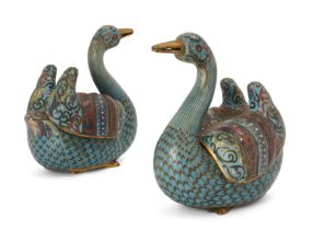 A pair of Chinese gilt-metal and cloisonné goose-form incense burners, Daoguang period (1821-1850...