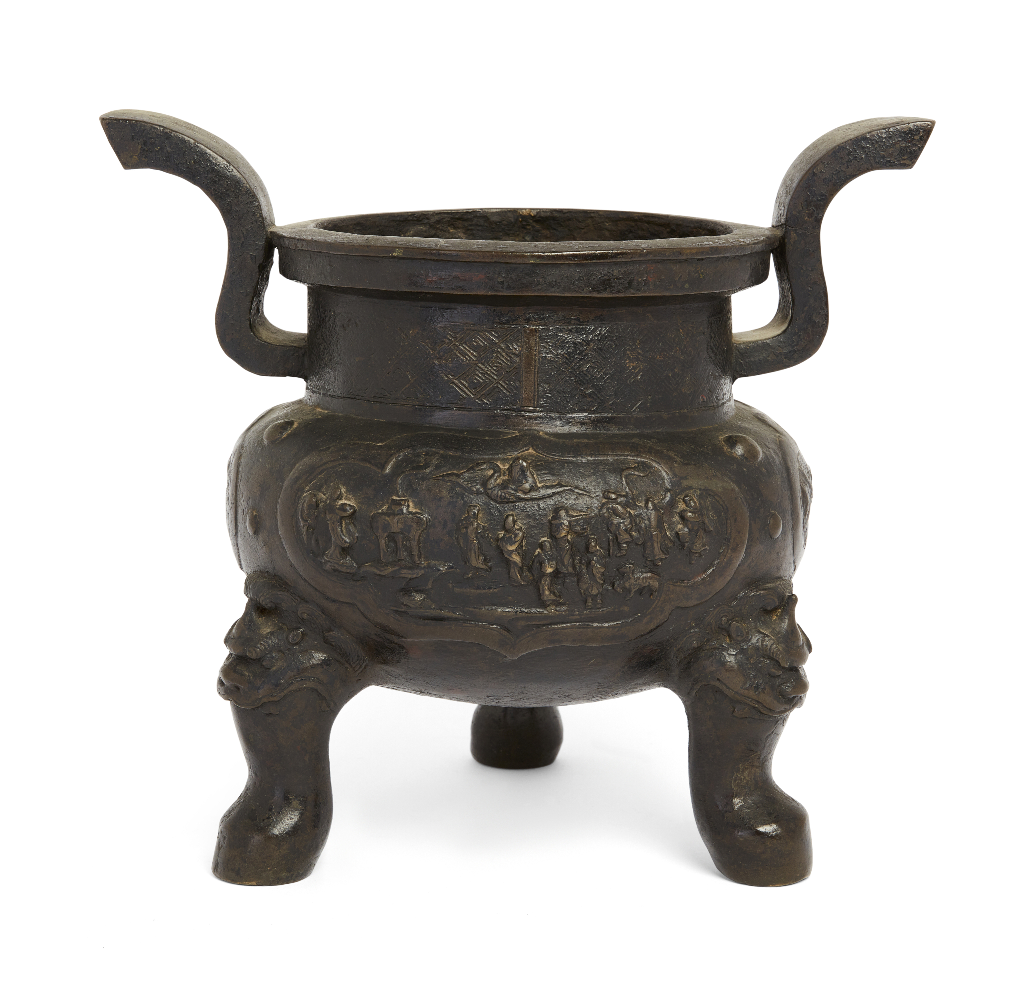 A large Chinese bronze archaistic tripod censer, Ming dynasty, 17th century, Decorated to the bod...