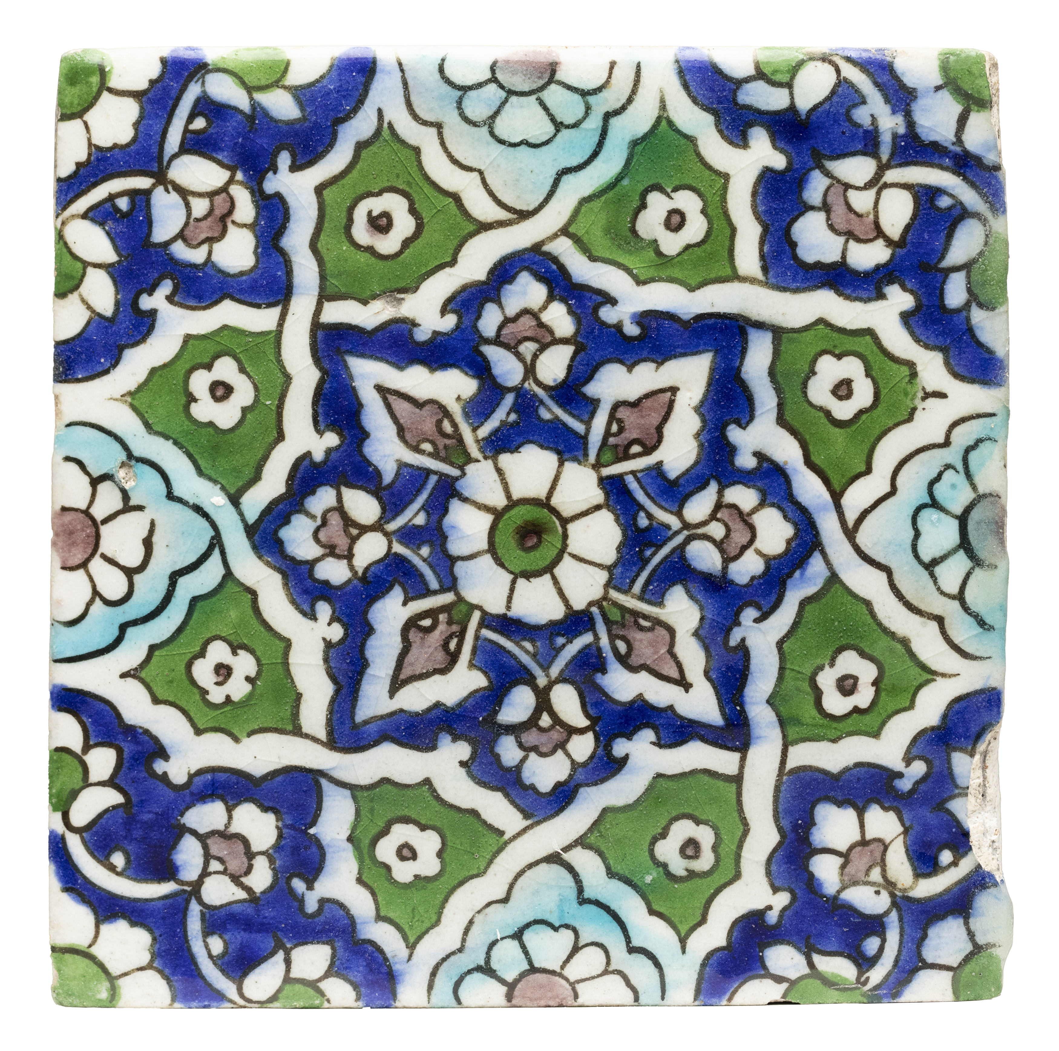 Eight polychrome pottery tiles, Qajar Iran and later, 19th / 20th century, The first, moulded, a ... - Image 4 of 9