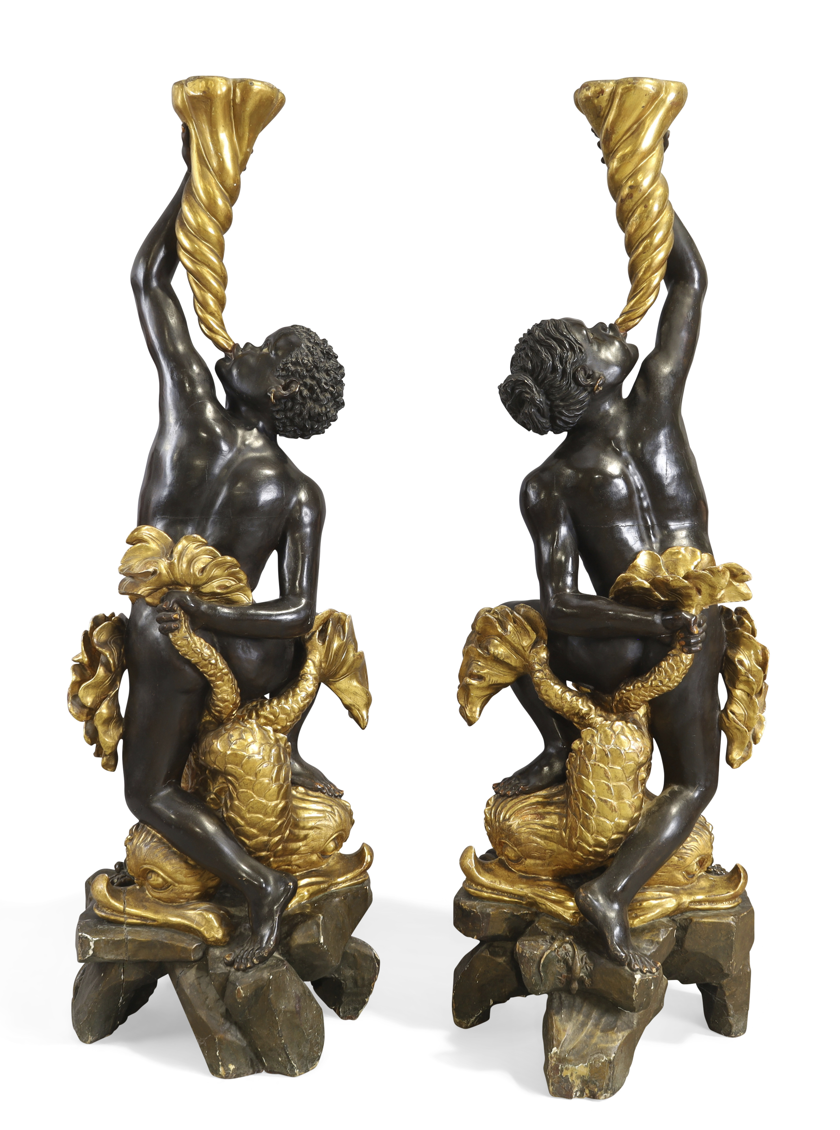 A pair of large Venetian polychrome and giltwood figural torcheres, Late 19th century, Modelled a... - Image 3 of 4