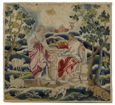 An English needlework panel,  Mid-18th century,  Worked in wools and silks, depicting Christ and ...