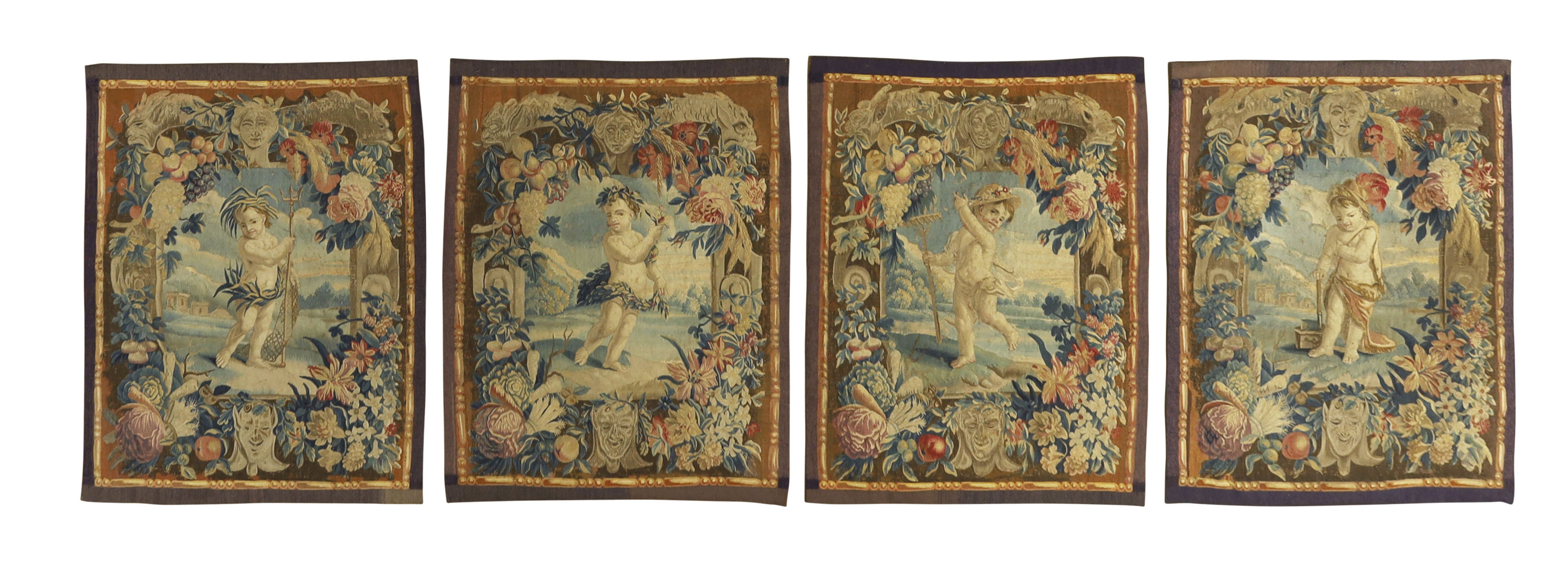 A set of four Flemish allegorical tapestry panels, Possibly Brussels, early 18th century, Each wi...