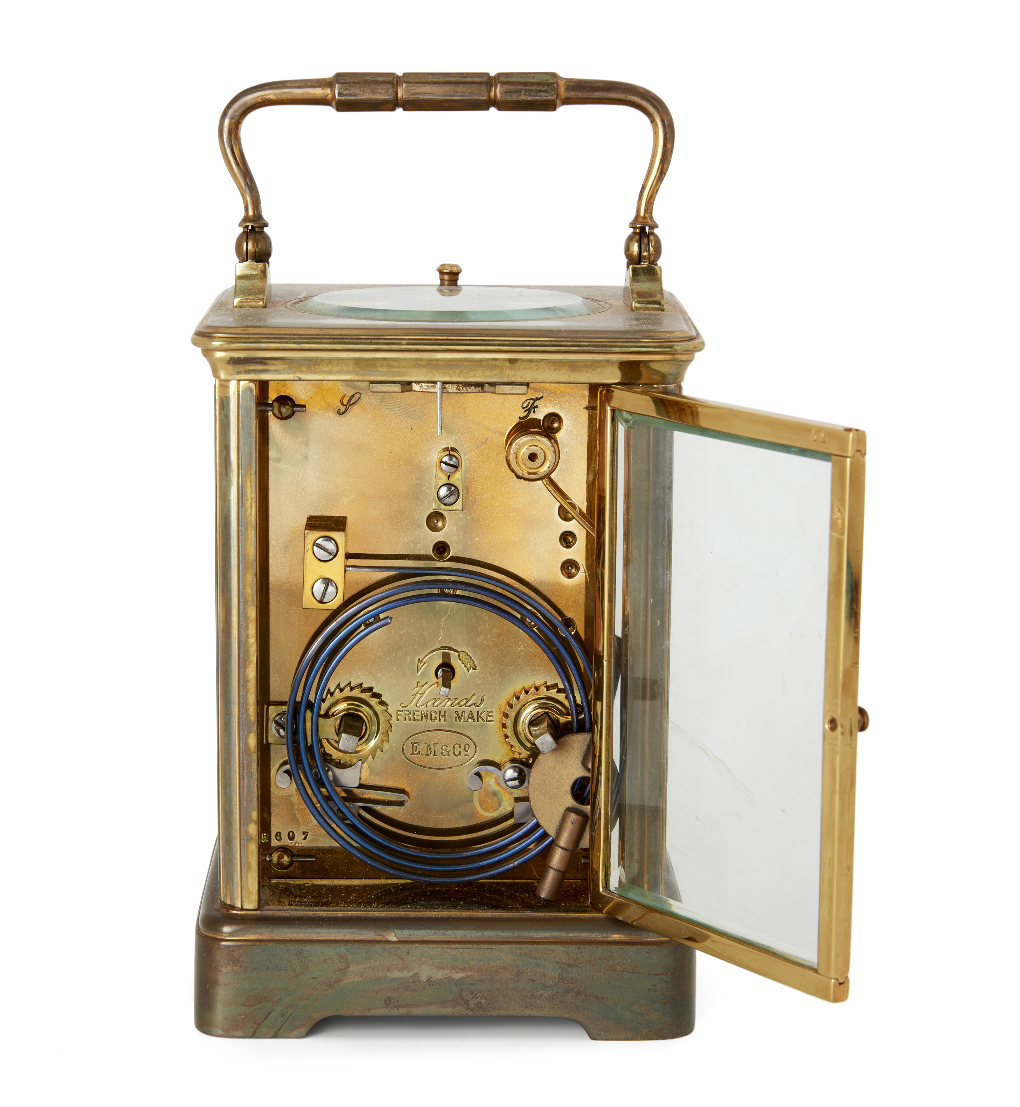 A French lacquered brass repeating carriage clock, Late 19th century, The case with swing handle ... - Bild 3 aus 4