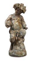 A French cast iron figural fountain, Late 19th century,  Depicting a Bacchic faun holding two amp...