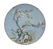 A massive Japanese porcelain charger, Meiji period, late 19th century, Finely painted with birds ...