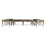 A suite of French walnut low tables, Three 18th century and two 19th century, With verde antico t...