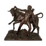 A French bronze group of Hercules and the Cretan Bull, Late 19th / early 20th century, The standi...