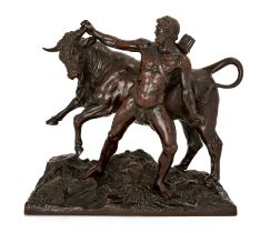 A French bronze group of Hercules and the Cretan Bull, Late 19th / early 20th century, The standi...