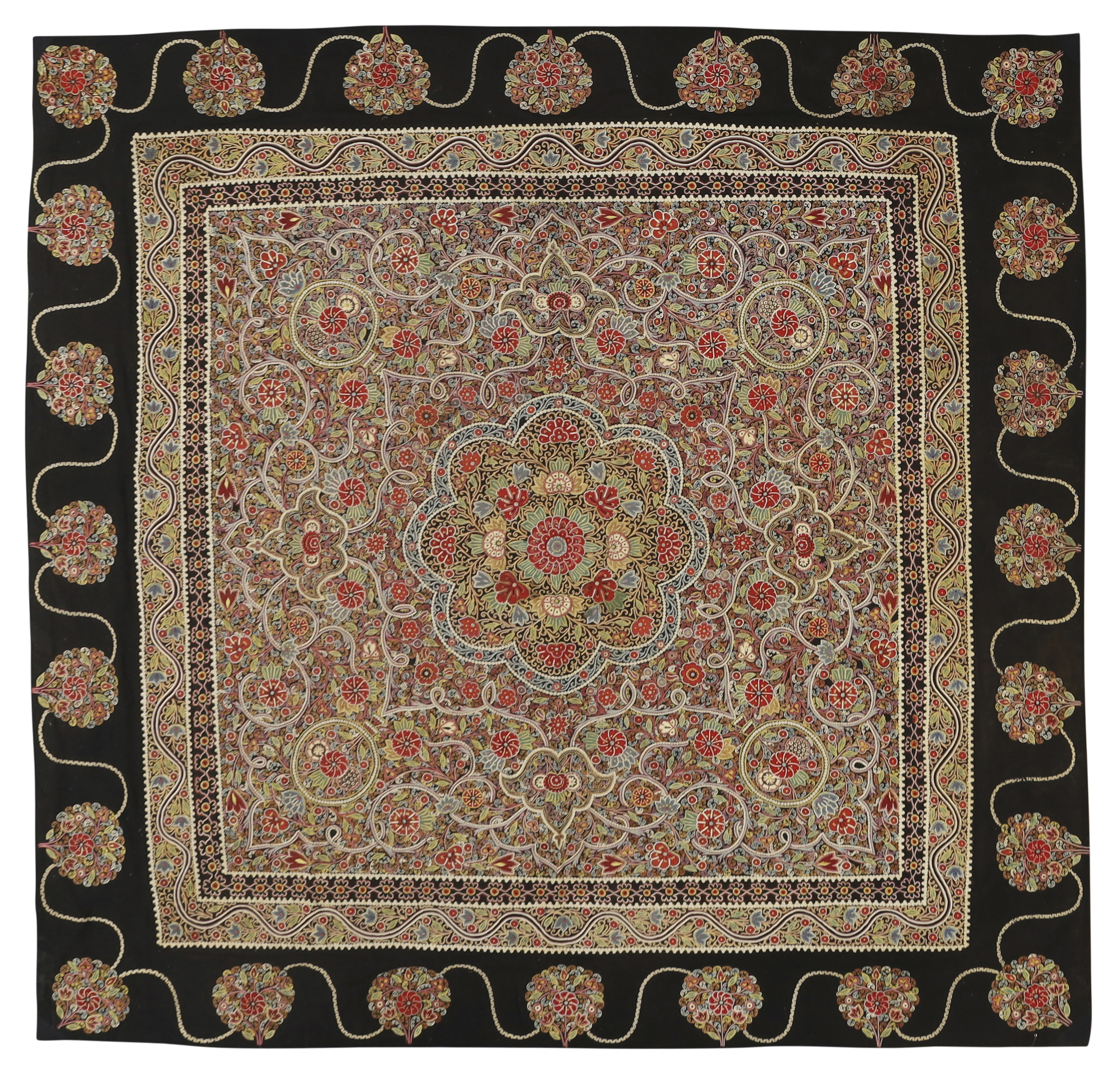 An embroidered panel, Rescht, Southeast Persia, c.1850,     Of square form, applied and embroider...