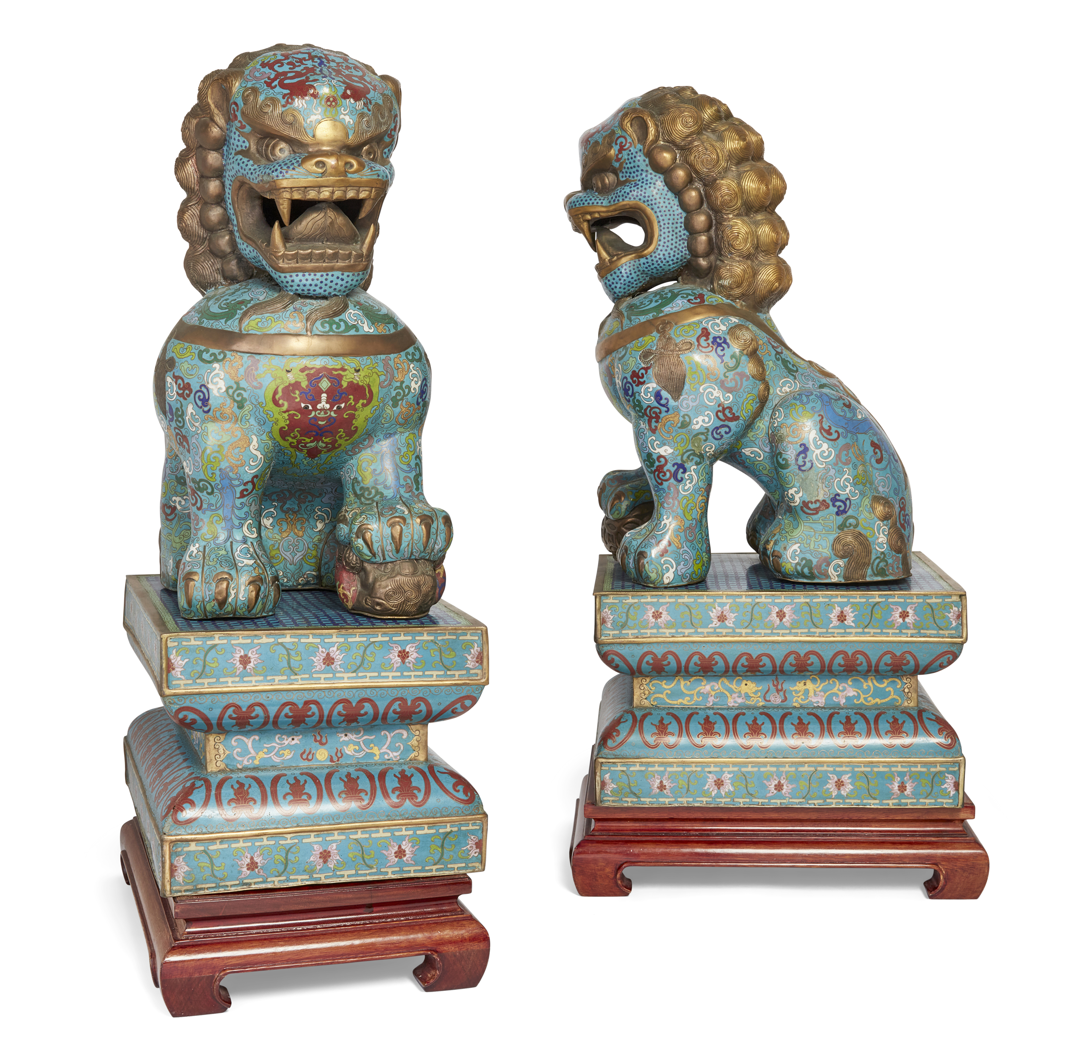 A pair of large Chinese cloisonné and gilt metal Buddhist lions,  20th century, Each modelled sea... - Image 2 of 2