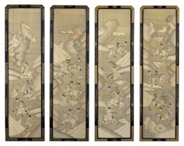 A set of four Chinese kesi silk panels, 18th century, Depicting hunting scenes, each 102cm x 25cm...