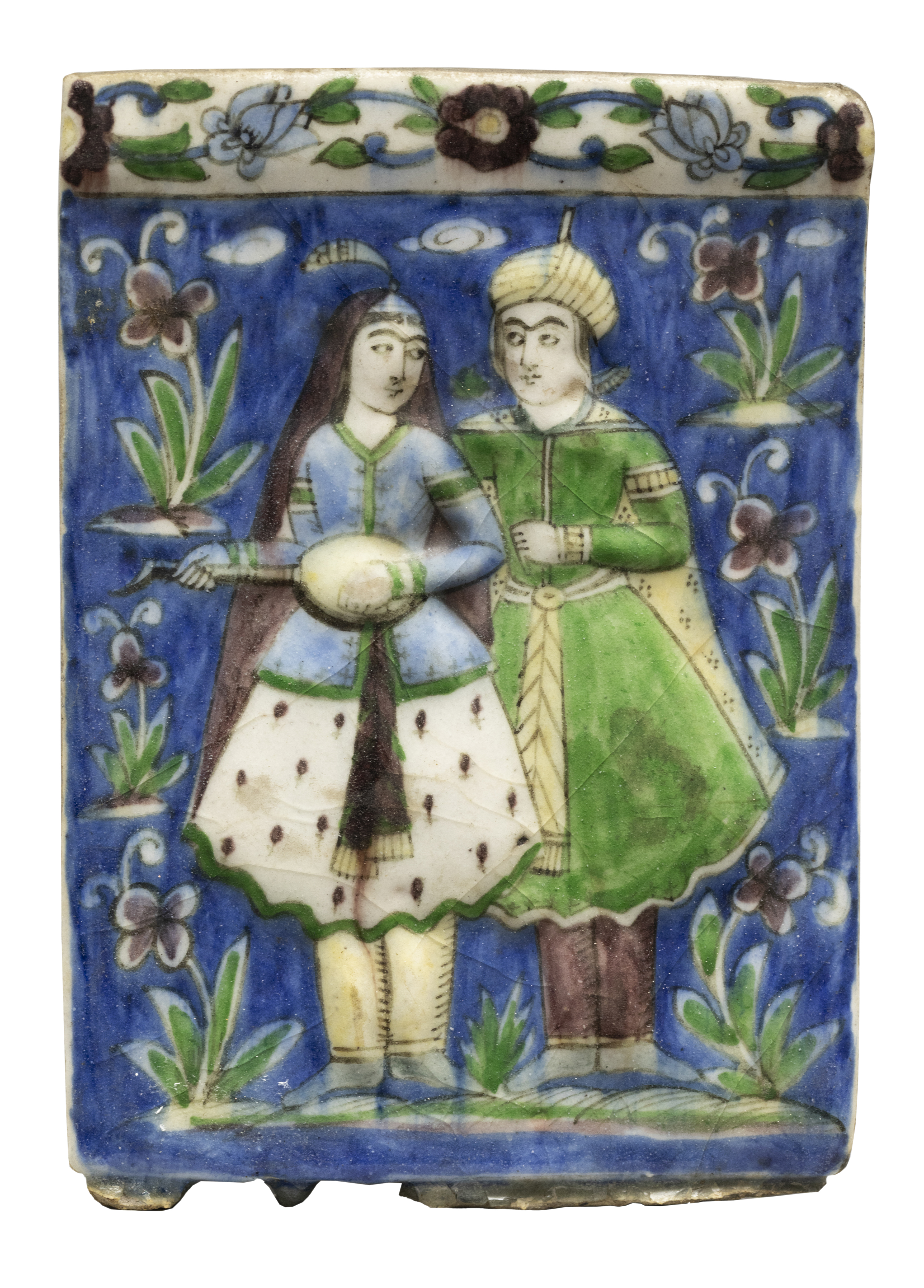 Five figural, polychrome moulded pottery tiles, Qajar Iran, c.1890, The first of rectangular form... - Image 2 of 6