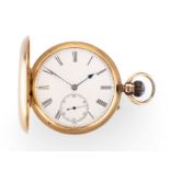 Hall & Co, Manchester, an 18ct gold full hunter pocket watch, London hallmark 1884, 3/4 plate Eng...