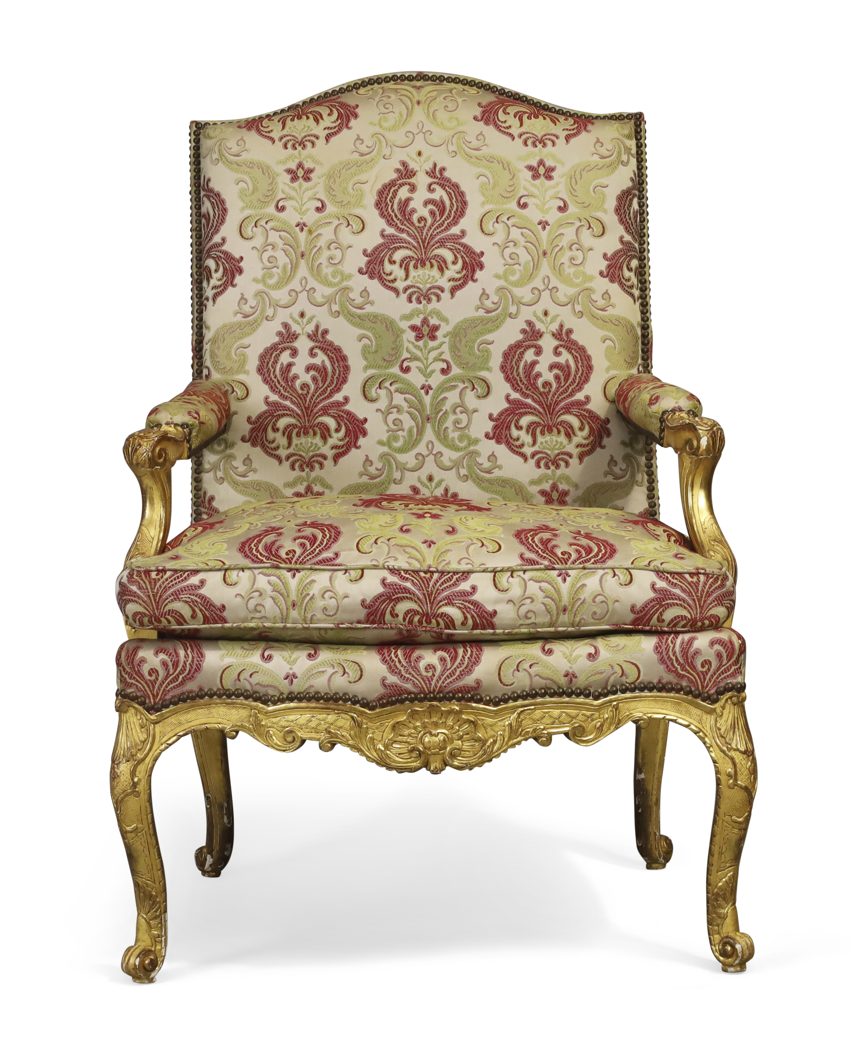 A pair of Regence giltwood fauteuils, First quarter 18th century, The frame carved with shells an... - Image 2 of 4